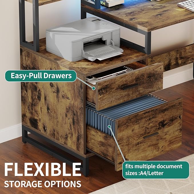 DWVO L Shaped Desk with Drawers, Reversible Computer Desk with Power Outlets, Corner Office Desk with Storage Shelves & LED Lights & Printer Stand, Rustic Brown