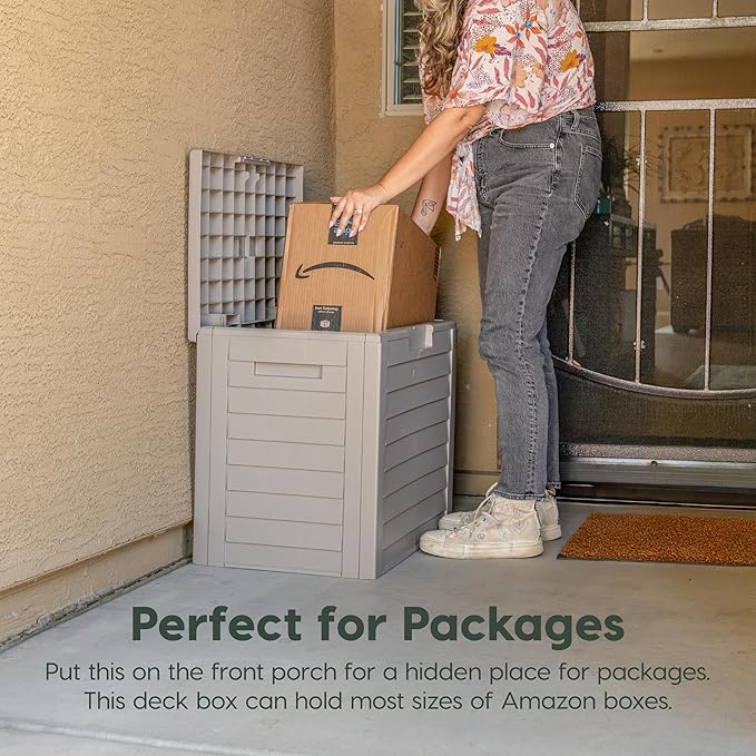 IRIS USA 35-Gallon Outdoor Deck Delivery Storage Box, Lockable & UV-Protected, Weather-Resistant Patio Storage for Cushions, Garden Tools & Packages, Waterproof Resin, Durable & Stylish Design - Beige