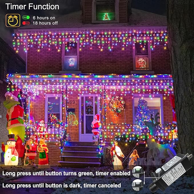 Colored Christmas Lights Outdoor, 33ft 400 LED Icicle Lights for Outside House with Connectable Clear Wire 8 Modes Timer, Plug in Waterproof for Home Holiday Eaves Yard Party Room Indoor Decoration