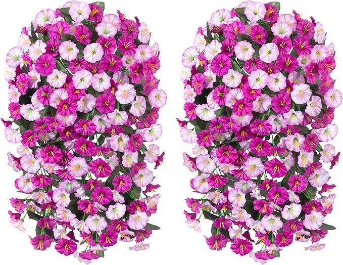 Artificial Fake Fall Hanging Mums Flowers Plants for Outdoor Outside, 2 PCS Faux Silk Morning Glory Trailing Vines Look Real UV Resistant for Porch Planter Patio Decor (Light Fuchsia and Fuchsia)