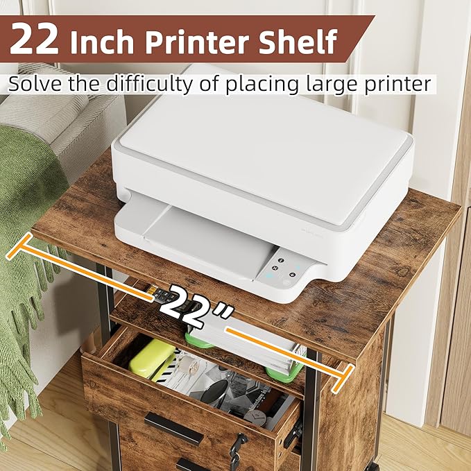 2 Wood Drawer Lockable File Cabinet with 22'' Extended Desktop, Mobile Filing Cabinet with Side Bag, Rolling Printer Stand, Fits A4&Letter Size, Home Office, Rustic Brown