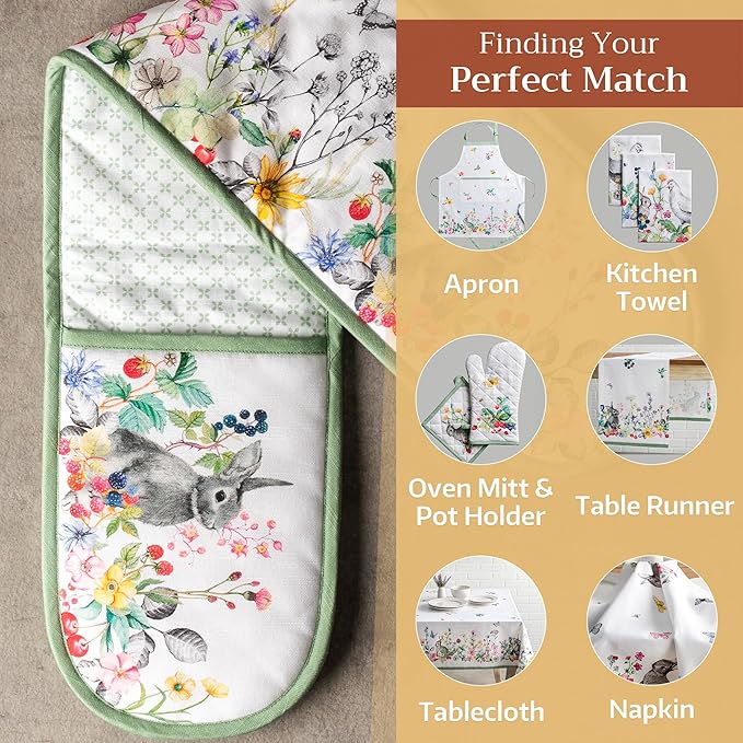 Maison d' Hermine Double Oven Mitts 100% Cotton 7"x35" Double Oven Mitt Heat Resistant BBQ Cooking Gloves with Loop, Baking, Grilling, Home, Kitchen, Handling Hot Pans Spring Summer (Printemps)