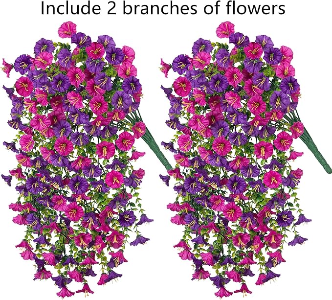 2 PCS Artificial Faux Hanging Flowers Plants for Outdoor Decor,Fake Silk Morning Glory with Eucalyptus UV Resistant Realistic Vines for Wall Home Porch Patio Balcony Yard Decor, Purple and Fuchsia