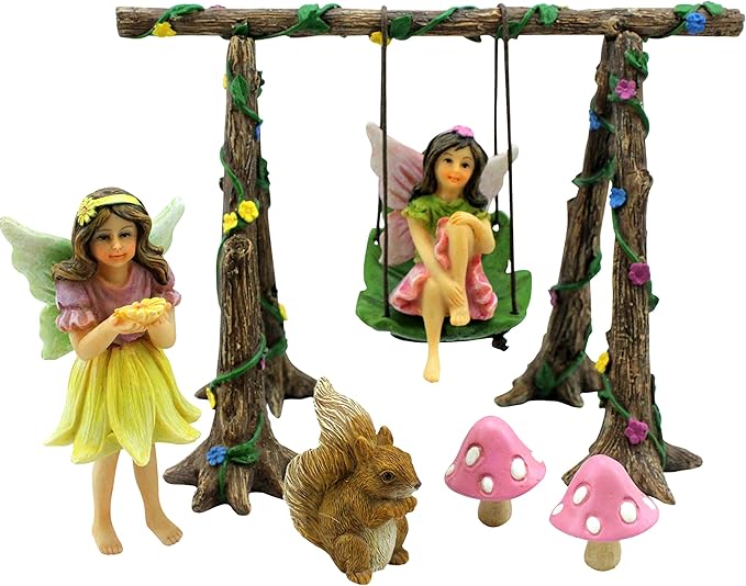 PRETMANNS Fairy Garden Accessories Starter Kit with Figurines, Swing Set, Squirrel & 2 Mushrooms – Ideal for Indoor Outdoor Miniature Garden – 6 Hand-Painted Resin Items