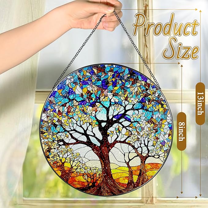 Stained Glass Window Hanging, LAOWEIKI 8'' Tree of Life Suncatcher, Stained Glass Ornament, Suncatchers for Windows Hanging, Window Decor, Outdoor or Indoor, Gifts for Women, Lovers, Couple, Friends