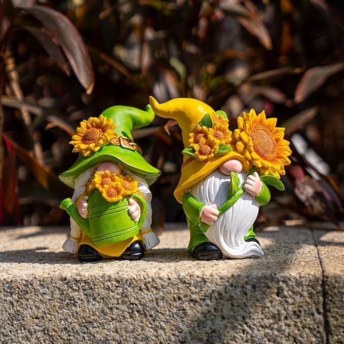 2PCS Sunflower Gnome Decor,Dynamic Spring Gnomes Decorations for Home and Yard Swedish Tomte Elf Dwarf Figurines Summer Outdoor Gnomes Gifts for Women (Sunflowers)