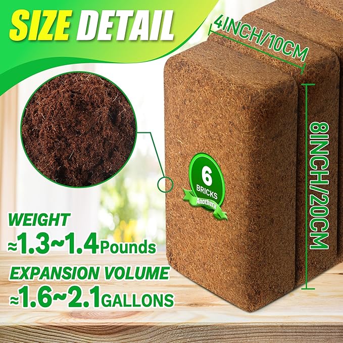 Coco Coir Brick for Plants-6 Pack Premium Coconut Bricks, 100% Organic Peat Moss, Fiber Coconut Husk for Planting, Gardening, Potting Soil Substrate