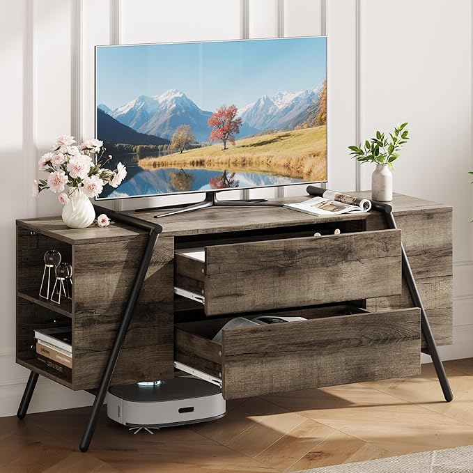 GarveeHome TV Stand for 47 Inch TV, Entertainment Center with Adjustable Shelf, 2 Drawers, TV Console Table, Media Console, U-Shaped Metal Legs, for Living Room, Bedroom, Oak
