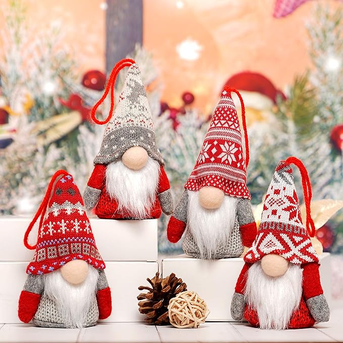 Christmas Gnome Hanging Ornaments with Lights, Handmade Swedish Tomte Plush Scandinavian Santa Elf Ornaments, Home Decorations for Shelf Table Fireplace Christmas Tree - Pack of 4