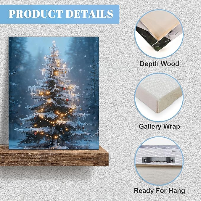 Framed Christmas Pictures Wall Decor,Vintage Pine Tree Prints,Winter Christmas Canvas Wall Art Decoration for Bedroom Bathroom Living Room Rustic Xmas Holiday Gifts (Christmas Tree 15, 16'' X 20'')