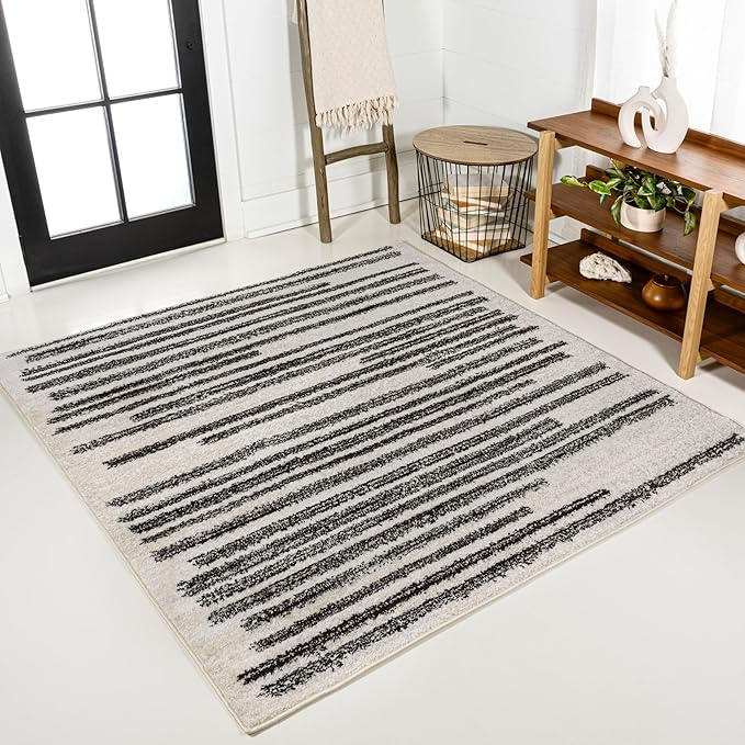 JONATHAN Y Khalil Modern Berber Stripe Cream/Black 6x6 Square Indoor Area Rug, Contemporary, Bohemian, Easy-Cleaning for Living Room, Bedroom, Kitchen, Pet Friendly, Non-Shedding (MOH207A-6SQ)