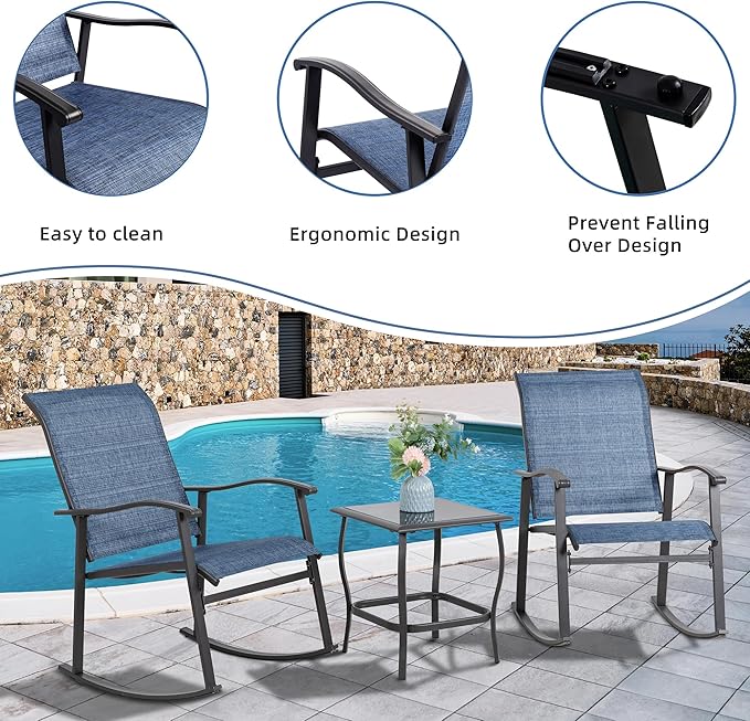 Vongrasig 3 Piece Outdoor Rocking Bistro Set, Textilene Fabric Small Patio Furniture Set, Front Porch Rocker Chairs Conversation Set with Glass Table for Lawn, Garden, Balcony, Poolside (Denim Blue)
