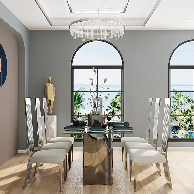 Asday Glass Dining Table, 70 inch Rectangular Dining Room Table, Double Pedestal Dining Table with Clear Tempered Glass Top and Mirrored Silver Trestle Base