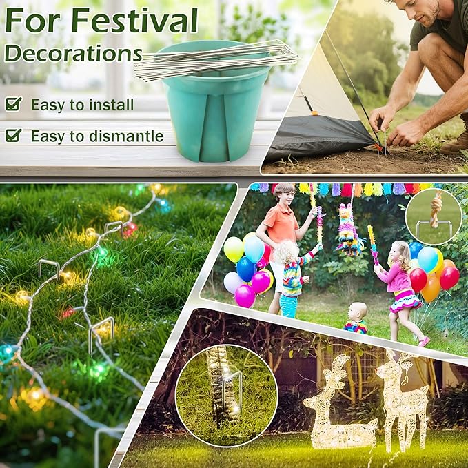 Qiang Ni Garden Stakes Adjustable-Width: 6 Inch U-Shaped Landscape Staples 11 Gauge - Hot-dip Galvanized Steel Outdoor Decoration Anchors SOD Pins for Yard Tent Fence Ground Stakes - 50 Pack
