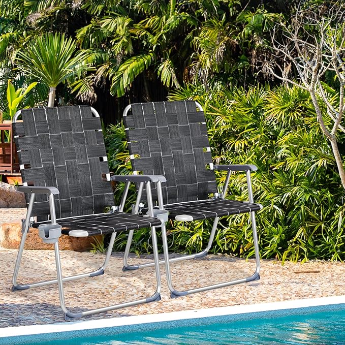 VINGLI Aluminum Oversize Patio Lawn Chairs Folding Set of 2 with Detachable Cup Holder, Webbed Beach Chair Folding Chair Outdoor Portable Camping Chair for Yard, Garden