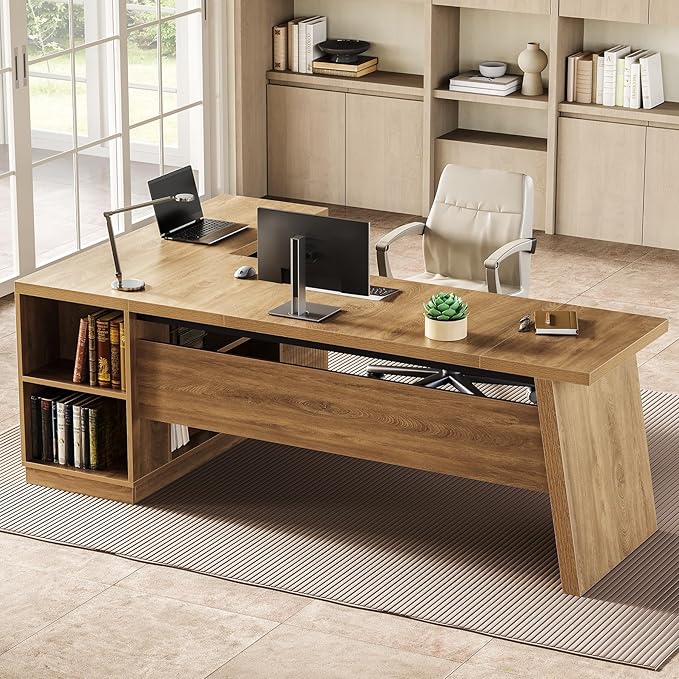 LITTLE TREE 78-Inch L-Shaped Executive Desk, Modern Desk with Drawers & File Cabinet, Large Walnut Office Workstation with Storage Shelves for Home Office