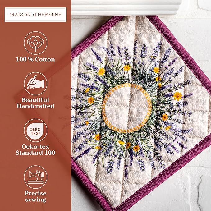 Maison d' Hermine Pot Holders Set 100% Cotton Heat Resistant Potholders 8" x 8" Hot Pads with Loop BBQ, Cooking, Baking, Grilling, Kitchen, Handling Hot Pans Spring/Summer (Pack of 2, Fanny Lavender)