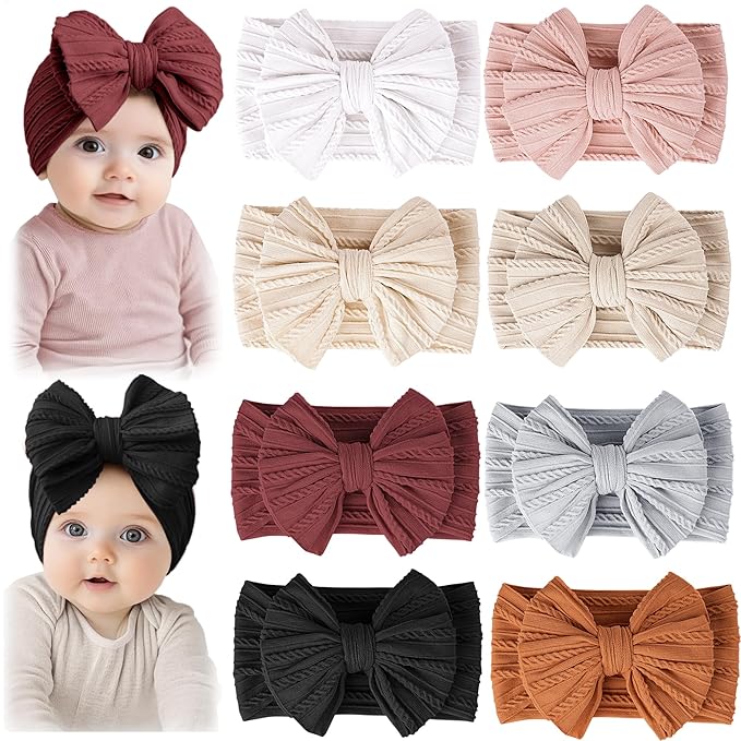 Prohouse 8 Pack Baby Headbands Soft Nylon Hairbands Hair Bows for Newborns Infants Toddlers and Baby Girls Elastic Hairbands for Daily Wear, Photoshoots