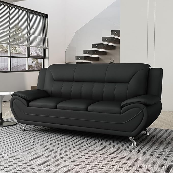 Container Furniture Direct Michael Modern Faux Leather Upholstered Stainless Steel Legs Living Room Sofa, Black