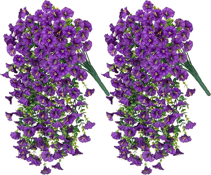 Artificial Faux Hanging Flowers Plants for Outdoor Decor,2 PCS Fake Silk Morning Glory with Eucalyptus UV Resistant Realistic Trailing Vine for Wall Home Porch Patio Balcony Yard Indoor Decor, Purple