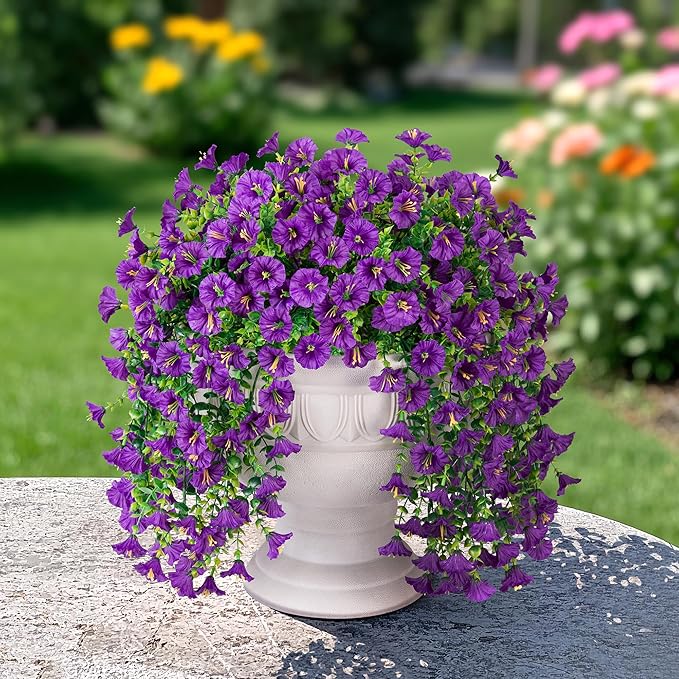 Artificial Faux Hanging Flowers Plants for Outdoor Decor,2 PCS Fake Silk Morning Glory with Eucalyptus UV Resistant Realistic Trailing Vine for Wall Home Porch Patio Balcony Yard Indoor Decor, Purple