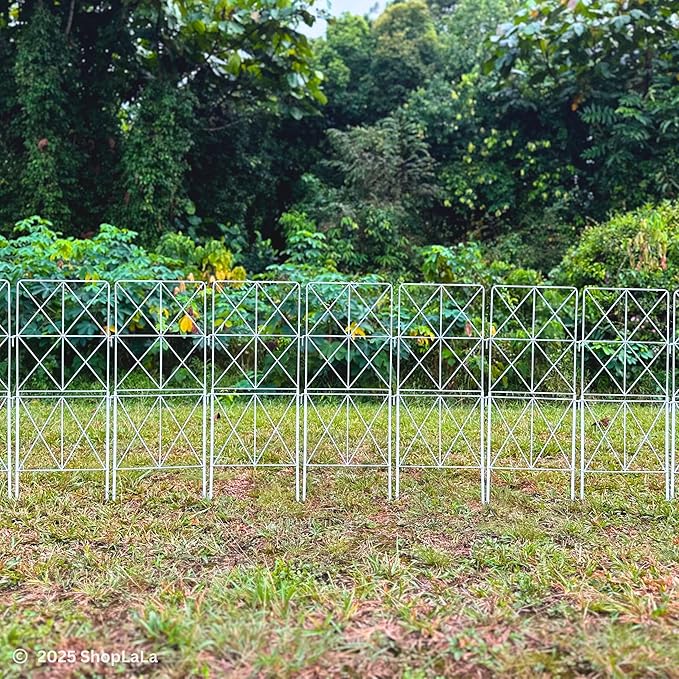 ShopLaLa Decorative Garden Fence (10 Panels) 12.5in(L) x 31in(H) Animal Barrier Fencing Rustproof White Metal Wire Flower Edging for Landscape, Dog Yard Gates Fences Tall No Dig Outdoor Decor D-F30B