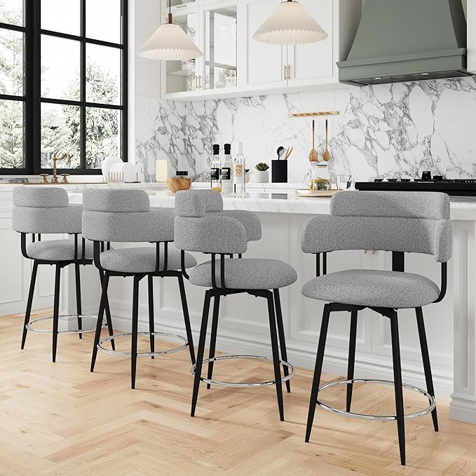 Swivel Bar Stools Set of 2, Counter Height Bar Stools with Ergonomic Full Back, Upholstered Linen Fabric Barstools with Chrome Metal Footrest for Kitchen Island, Dining Room