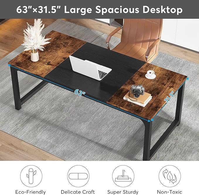 Tribesigns Modern Computer Desk, 63 x 31.5 inch Large Office Desk Computer Table Study Writing Desk Workstation for Home Office, Vintage Black Metal Frame