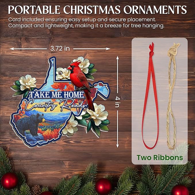 FLAGWIX West Virginia Gifts for Women Men - Suncatcher West Virginia Christmas Ornaments 2025 - Rhododendron Flower and Cardinal Christmas Decorations, State Cardinal Christmas Ornaments for Tree
