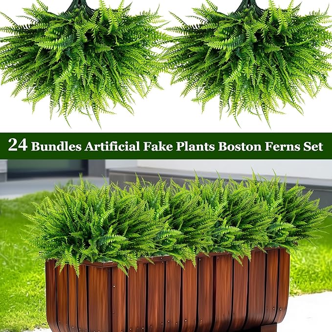 24 Bundles Artificial Fake Plants for Outdoor Faux Boston Fern for Home Decor UV Resistant Fake Plants Greenery for Front Porch Planter Indoor or Outdoor (Green)