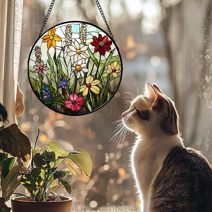 Stained Glass Window Hanging, Colorful Wildflowers Plant Scenery Suncatcher for Doors Window Home White Green Sun Catchers Decor Mother's Day Birthday Gifts for Women, Men Mom 11.8 in