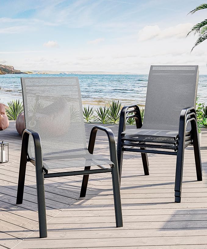 Outdoor Stackable Dining Chairs Set of 4, High-Back Patio Stacking Chairs, Patio Chairs with Textilene Farbic & Metal Frame for Lawn Backyard Deck Garden,Grey