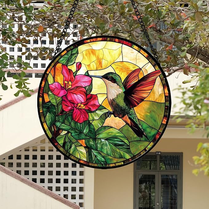 Stained Glass Suncatcher, Hummingbird Red Flowers Green Leaves Sun Catcher Stain Glass Window Hanging Decoration Mother's Day Birthday Gifts for Bird Lover Women Men Mom Nana 15 in