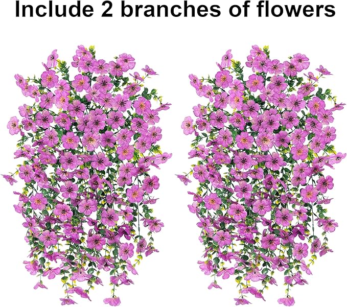 Artificial Faux Hanging Flowers Plants for Outdoor Decor, 2 PCS Outside Fake Silk Violets with Eucalyptus UV Resistant Realistic Daisy Trailing Vines for Planter Front Door Balcony Patio Yard, Purple
