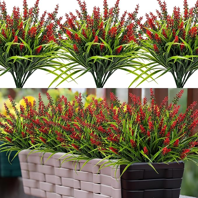 Artificial Flowers for Outdoor Plants 24 Bundles Fake Lavender Plastic Faux Monkey Grass for Verandah Window Garden Office Patio Front Porch UV Resistant for Planter(Red)