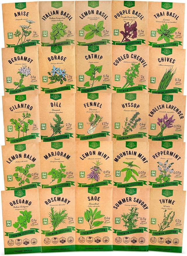 25 Most Popular Herb Seeds Variety Pack - 11,700 Non-GMO Heirloom Seeds for Planting Herbs in Individual Seed Packets for Hydroponic, Indoor & Outdoor Gardening