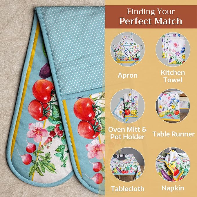 Maison d' Hermine Double Oven Mitts 100% Cotton 7"x35" Double Oven Mitt Heat Resistant BBQ Cooking Gloves with Loop, Baking, Grilling, Home, Kitchen, Handling Hot Pans Spring Summer (Giverny)