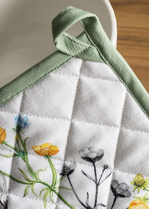 Maison d' Hermine Pot Holders Set 100% Cotton Heat Resistant Potholders 8" x 8" Hot Pads with Loop BBQ, Cooking, Baking, Grilling, Kitchen, Handling Hot Pans Spring/Summer (Pack of 2, Printemps)