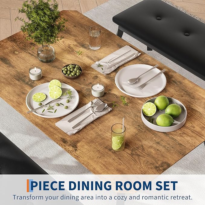 GAOMON Dining Table Set for 4, Metal Frame Kitchen Table Set with 2 Upholstered Bench, 3 Piece Dining Room Table Furniture for Apartment, Studio, Home, Easy Assembly, Retro Brown