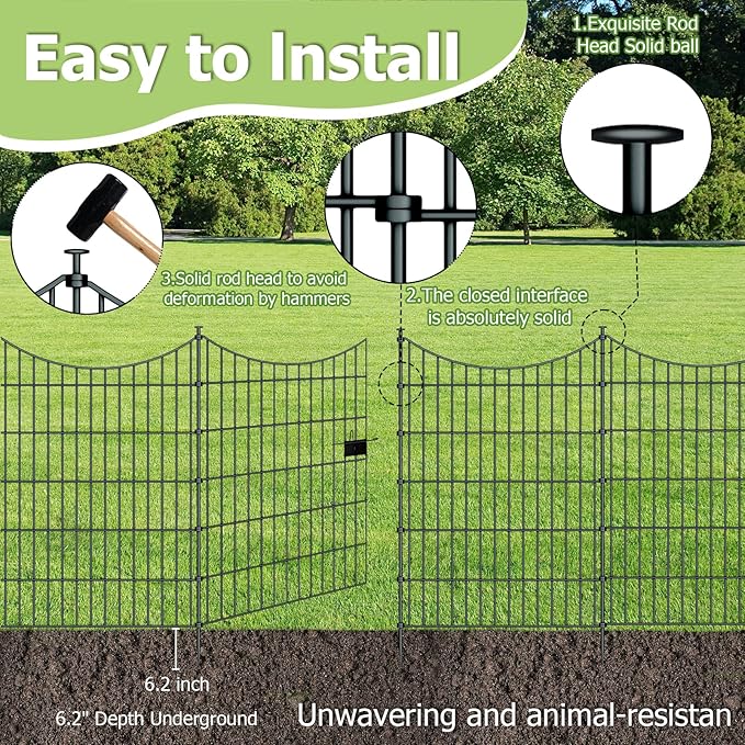 10 Panels Garden Fence Dog Fence Outdoor for Yard, 40in H x 23.6ft L Rustproof Metal Fencing with Ground Stakes | No Dig Animal Proof Containment for Pets/Rabbits | Durable Patio Security Panels