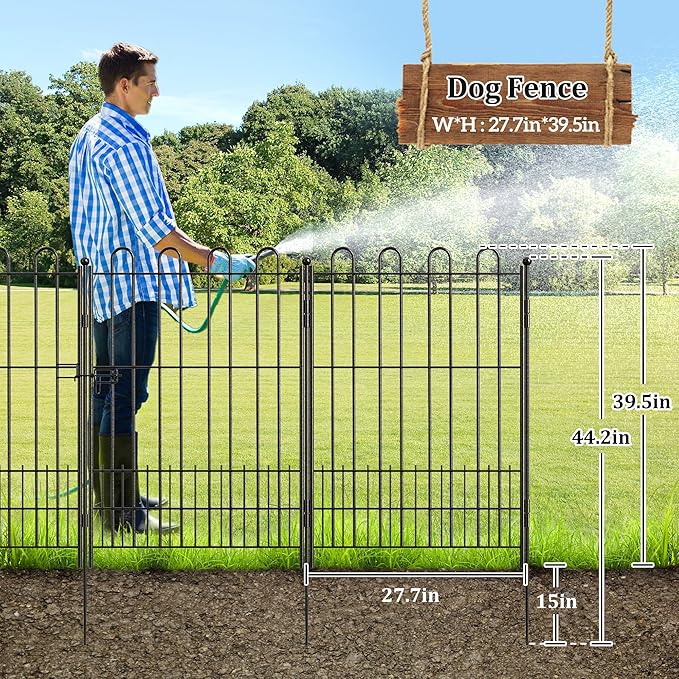 Bepatio Tall Garden Fence Animal Barrier with Gate, 39.5in (H) x 23ft (L) 10 Panels Decorative Dog Fence Outdoor for Yard, Heavy Duty Metal Fence Border, Flower Bed, Easy Setup, Black