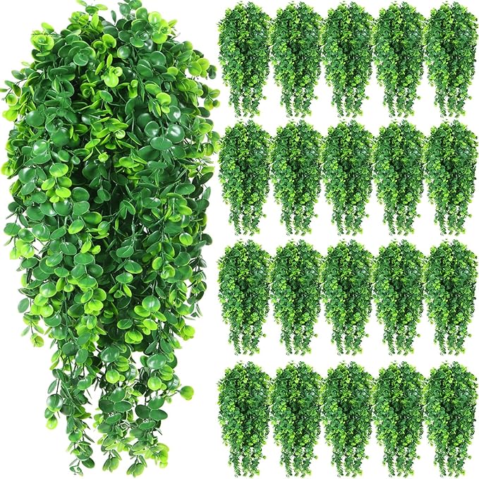 Hoteam 24 Pcs Artificial Hanging Plants 32 Inch Fake Ivy Vines with Fake Leaves Patio Artificial Plants Greenery for Living Room Indoor Outdoor Wall, No Basket (Eucalyptus)