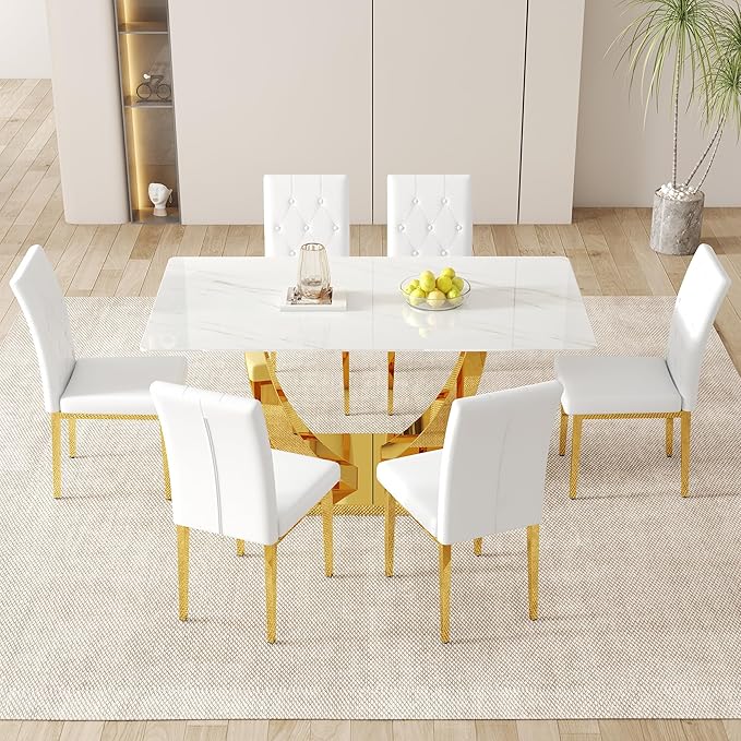 63" Modern Dining Table Set for 6, White Dining Room Set for 6, Tempered Glass Kitchen Table and PU Leather Chairs, Marble Pattern Top with Sturdy Gold Chrome Base