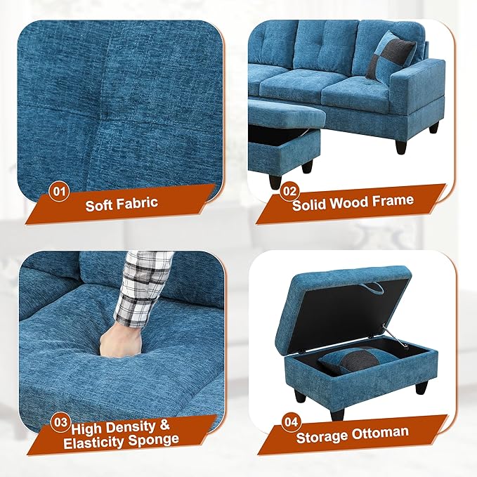 Osparple L Shaped Couch Sectional Couches for Living Room Upholstered Flannel 3 Pieces Modular Sectional Sofa with Chaise, Ottoman with Storage for Living Room and Small Apartment, Steel Blue