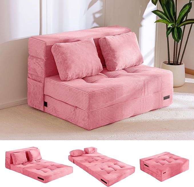 MAXYOYO Convertible Sofa Bed, Fold Out Sleeper Sofa with Pillow, 4 in 1 Tufted Folding Couch Bed Foam Floor Couch, Lazy Chair for Living Room Bedroom Guest Room, Pink