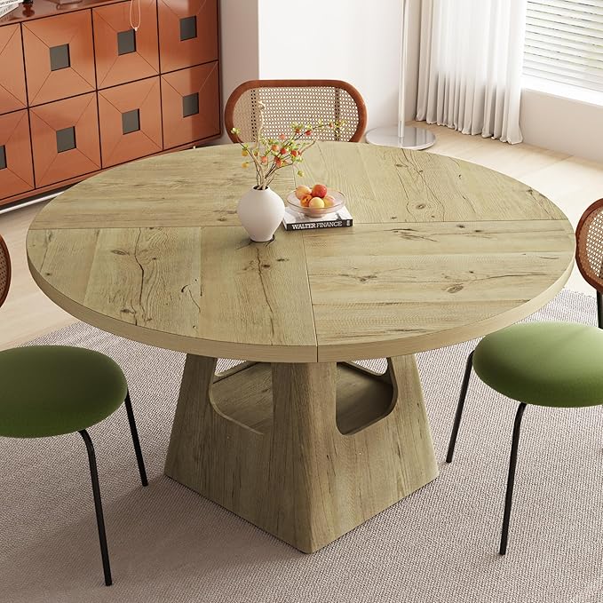 Round Dining Table for 4, Farmhouse 47 Inch Wood Dinner Tables with Storage Base for Kitchen Dining Living Room 4-6 People Gathering, Natural
