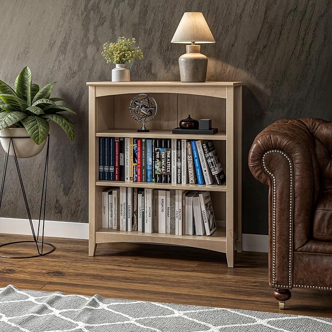 Camaflexi Shaker Style 3 Shelf Bookcase/Solid Wood / 36" High/Adjustable Shelving/Closed Back/Display Bookshelf for Living Room, Bedroom, Home and Office, Light Oak