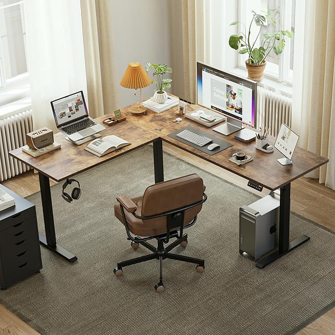 Agilestic L Shaped Standing Desk 63 x 55 inch Adjustable Height, Electric Corner Standing Desk, Sit Stand Computer Table with Splice Board, Rustic Brown