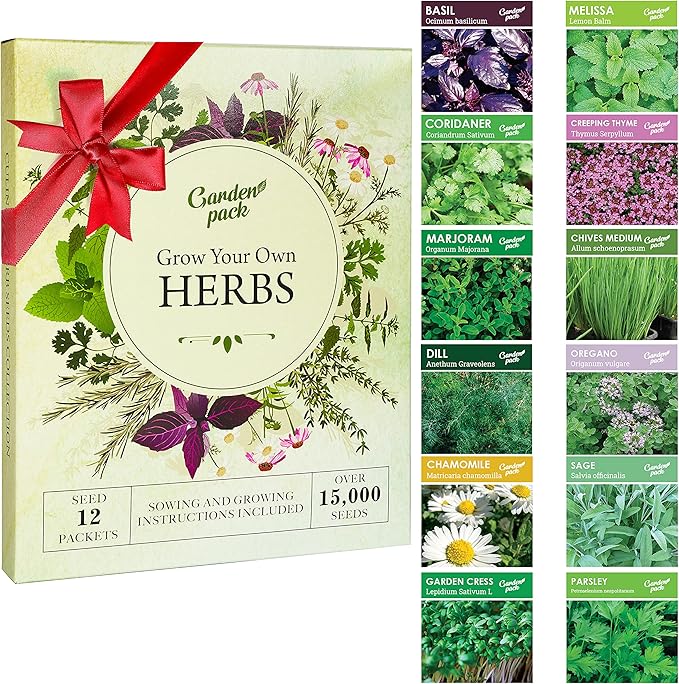 Grow Your Own Herbs Garden Kit - 12 Herb Seeds Variety Pack - Basil, Mint, Rosemary Seeds & More Packets in a Box with Growing Manual by Garden Pack