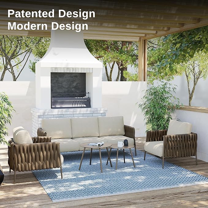 EAST OAK Life Chatter Patio Furniture Set 5 Pieces, Outdoor Furniture 5-Seat Sofa with Two Round Coffee Table, Waterproof Thick Cushion Deep Seating for Porch, Balcony, Chestnut Brown & Creamy Apricot